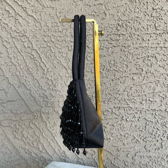 VINTAGE 90s Y2K Black Satin Beaded Fringe Handbag Formal Cocktail Evening Bag - Picture 7 of 12